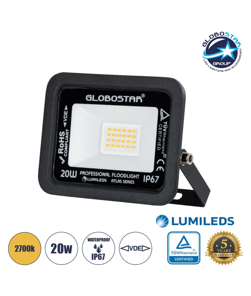 GLOBOSTAR® ATLAS 61412 Προβολέας LED 20W 2300lm 120° AC 220-240V Αδιάβροχο IP67 Θερμό Λευκό Ματ 2700K - Lumileds SMD Chip - TÜV Rheinland Certified - Μαύρο Ματ - Μ12 x Π2.5 x Υ9.5cm - 5 Χρόνια Εγγύηση